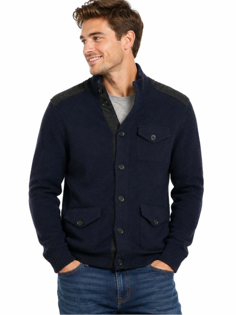 Banana Republic Merino Wool Cardigan Navy Gray Preppy Officecore Medium
